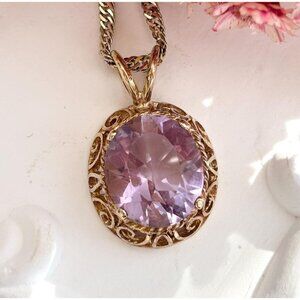 Amethyst Gold Plated Figaro Chain Sterling Silver Vintage Pendant Necklace - 24"